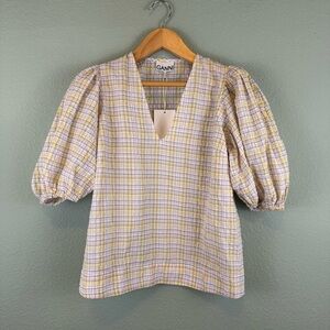 GANNI Pastel Plaid Puff Sleeve Blouse — Size 38 NWT